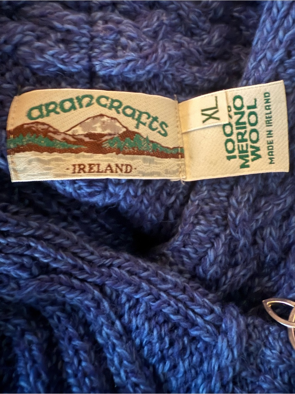 Aran Crafts Ireland 100% Merino Wool Size XL Cable Knit Cardigan Sweater Blue - Picture 3 of 10